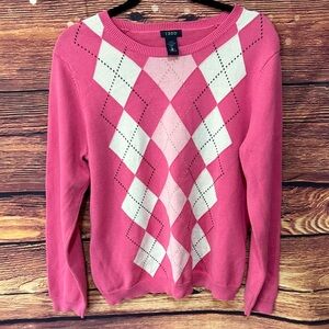 Izod Women's Pink and White Argyle Sweater